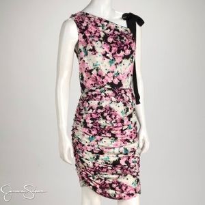 JESSICA SIMPSON Pink/Blk Floral Ruched Zip Dress
